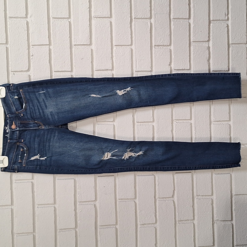 Hollister Dark Blue Distressed Raw Hem Super-Skinny Stretch Jeans. Size 1 Long